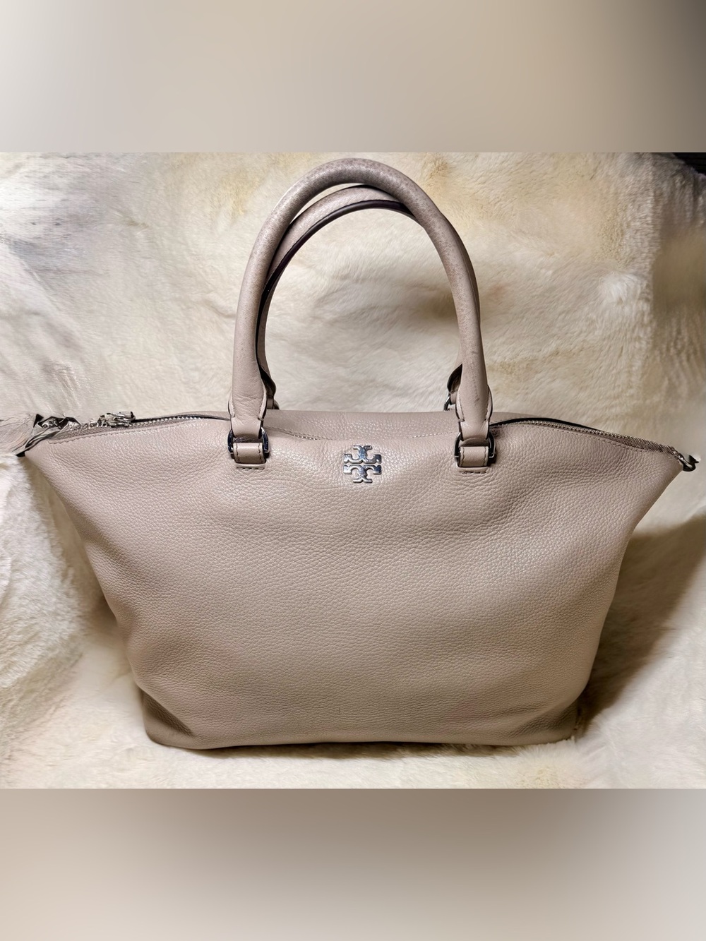 Tory Burch “Frida” Leather Satchel, Neutral Taupe Pebbled